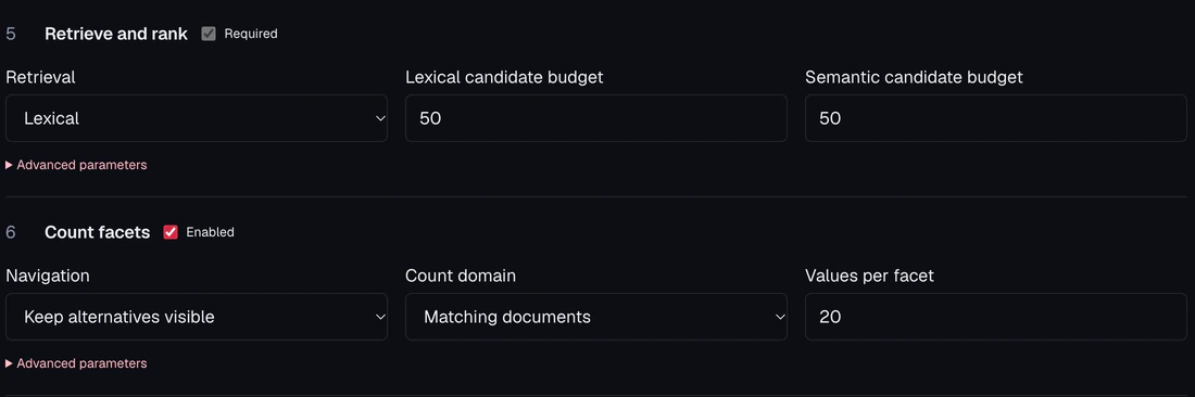 Clevora search pipeline showing retrieval settings and facet navigation controls