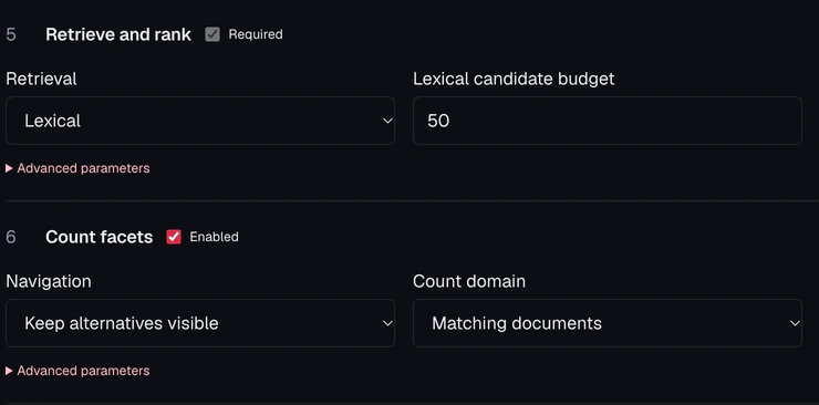 Clevora search pipeline showing retrieval settings and facet navigation controls