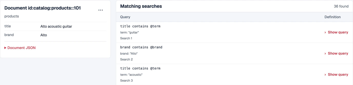 Search Match for Vespa console showing an indexed guitar document and the first three matching saved searches, with criteria previews and Show query controls